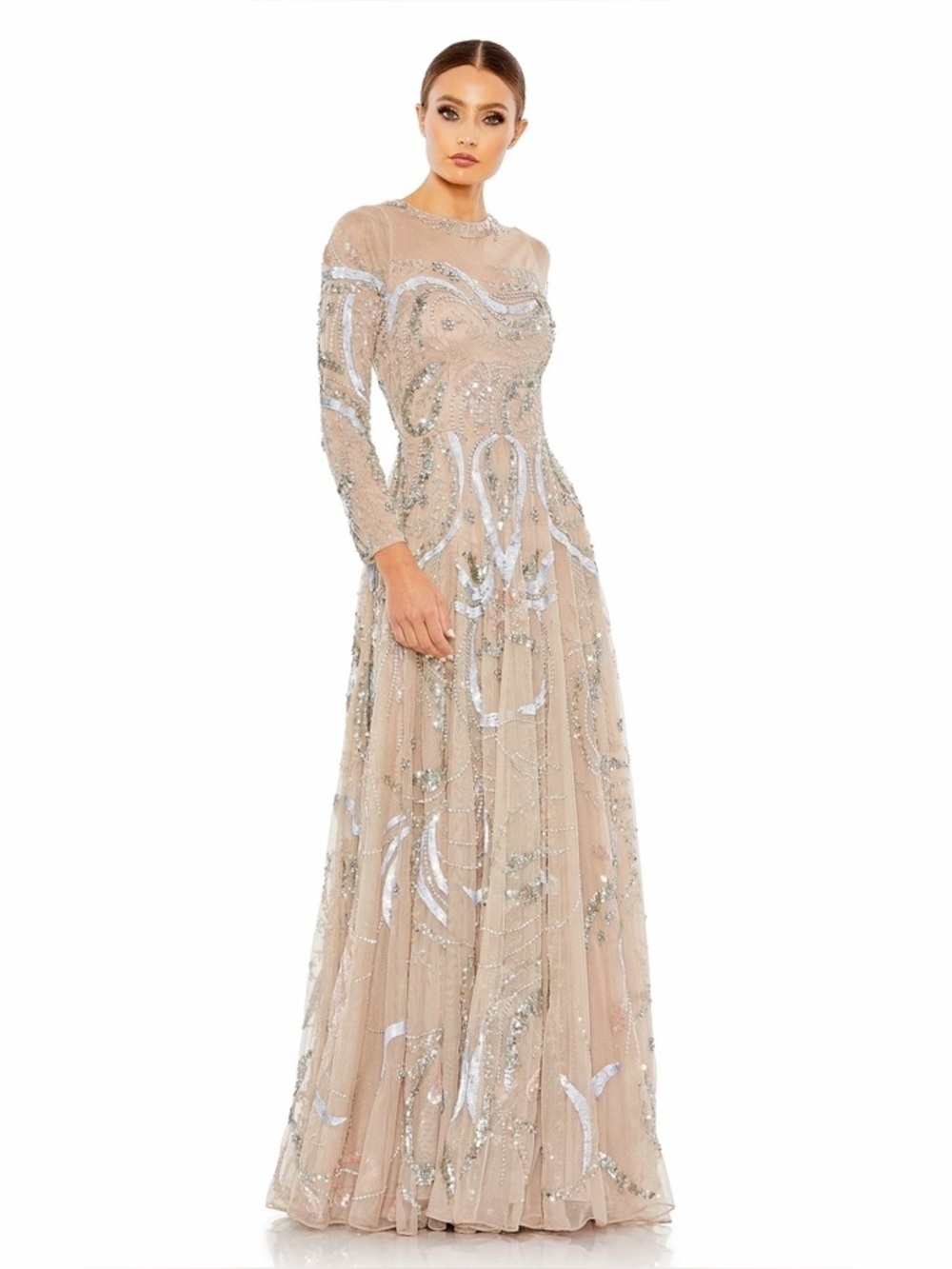 NWT Mac Duggal 5217 Nude Beaded Illusion Long Sleeve Gown Formal Dress Size 16